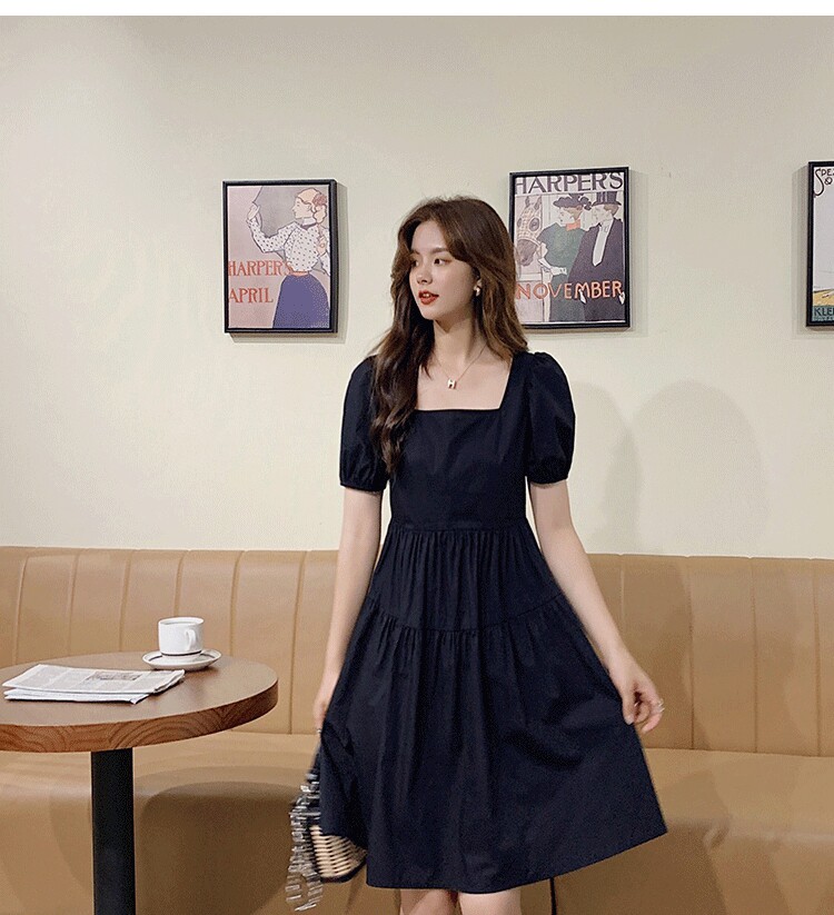 실제 샘플 의류 커팅 다이어그램 프렌치 반팔 스퀘어 넥 드레스 허리 중간 길이 스커트 종이 패턴 컷 아웃 1299