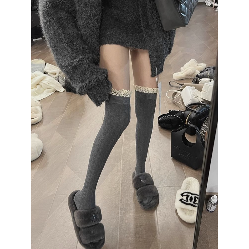 秋冬保暖花边堆堆袜套针织麻花日系jk学院风白色高筒加长过膝腿套