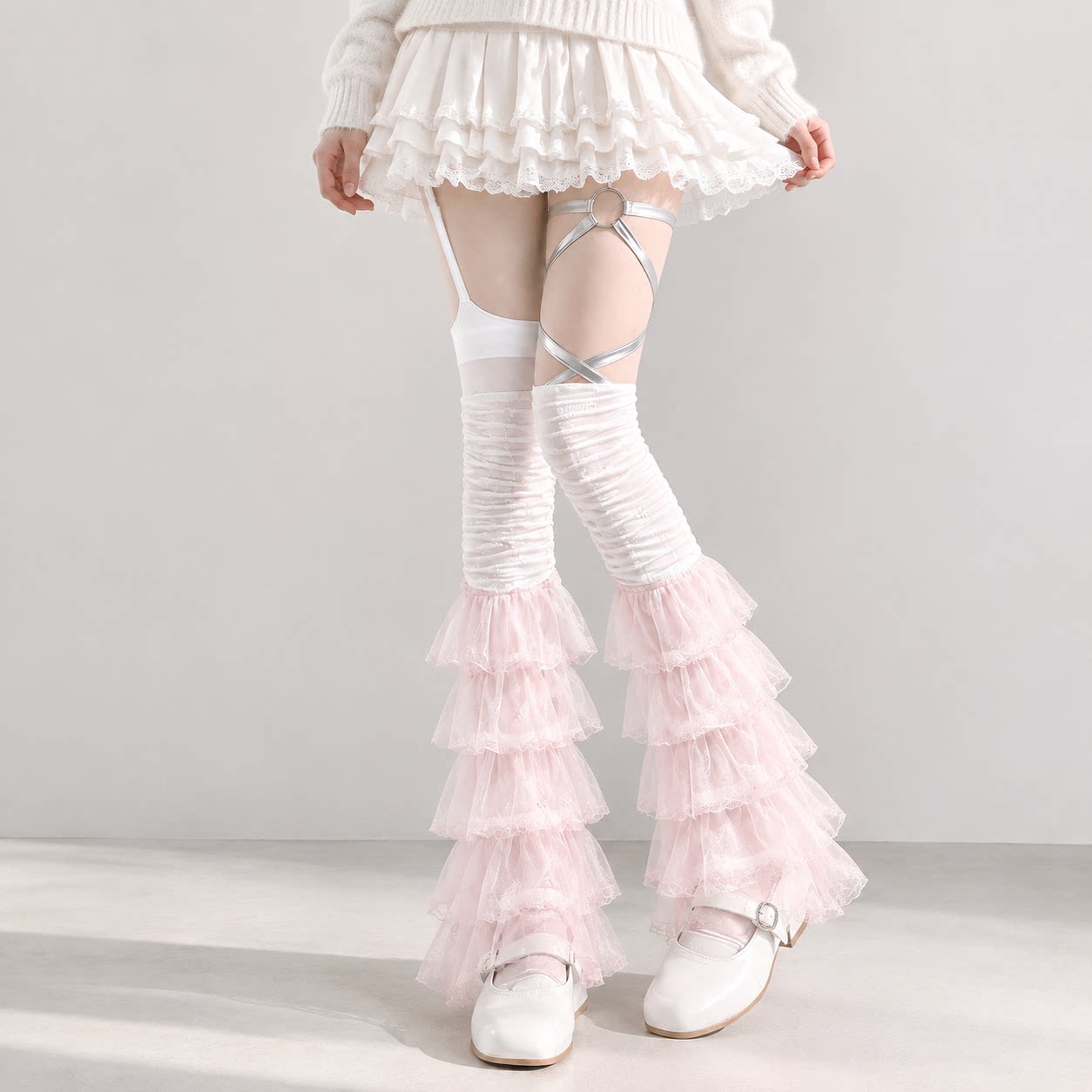 甜美拼接珍珠袜套lolita过膝堆堆堆堆袜女士荷叶边长筒袜网纱蕾丝