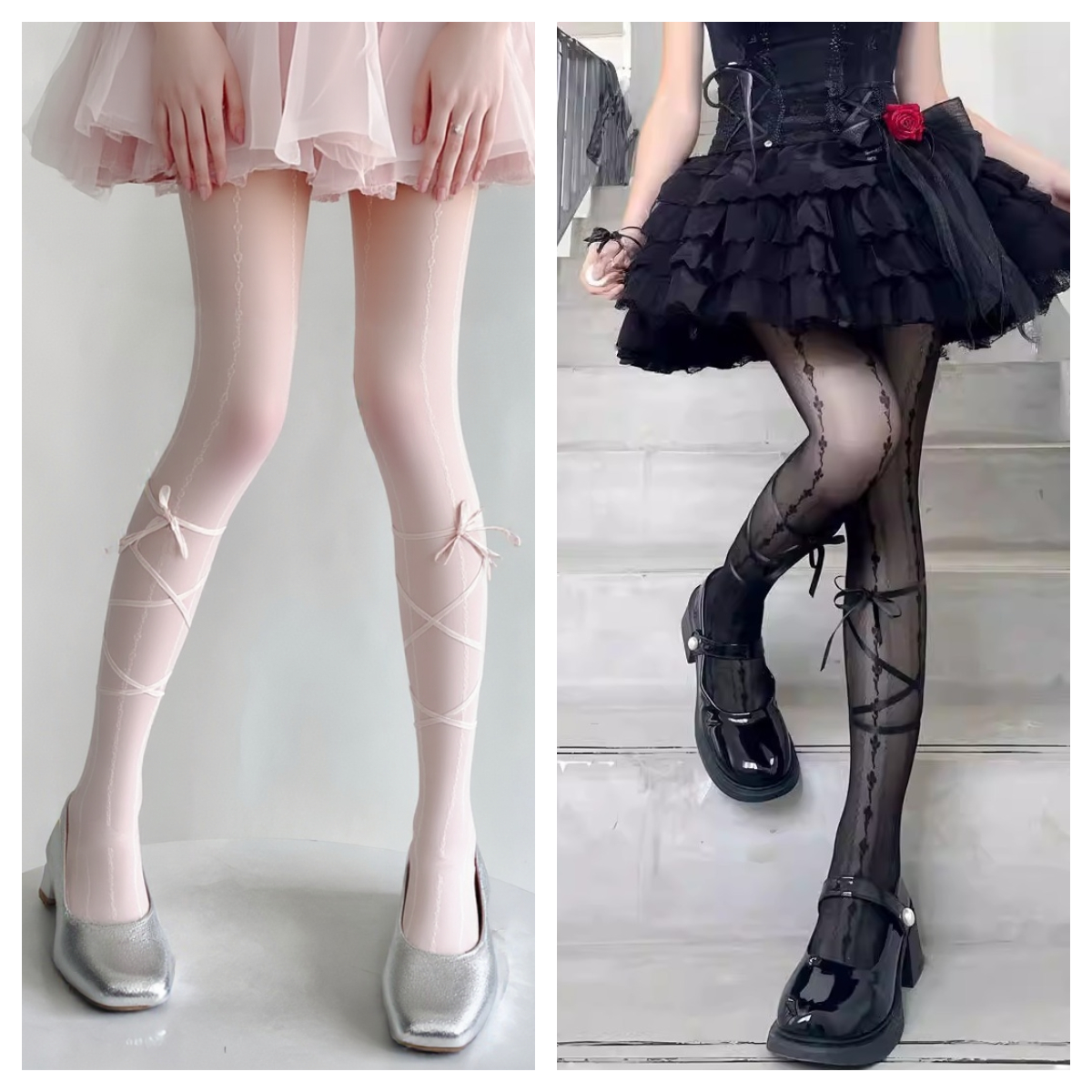 lolita奶白色絲襪百搭小腿綁帶黑絲純欲連褲襪長襪甜美風女夏薄款