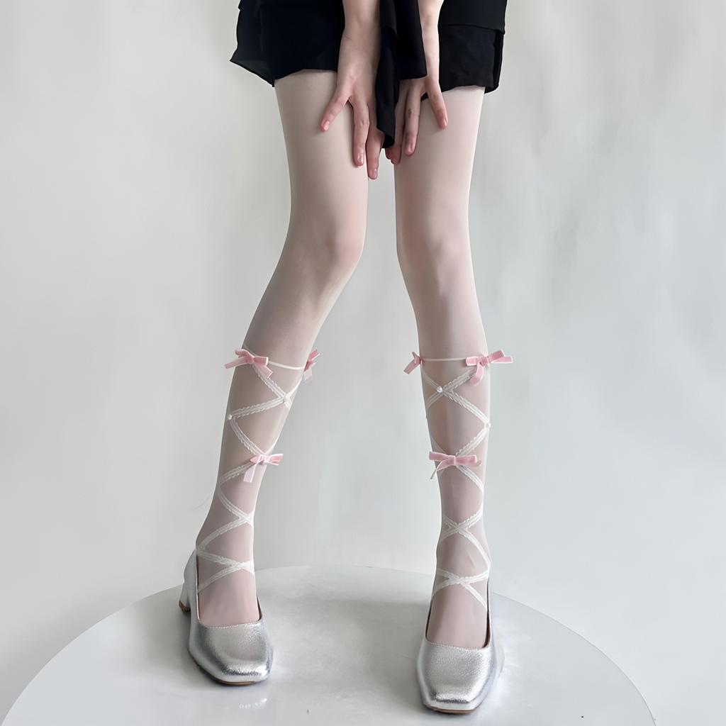 Lolita奶白丝袜纯欲绑带蝴蝶结连裤袜防勾丝洛丽塔纯欲风显白ins
