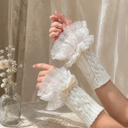 辣妹蕾丝花边蝴蝶结可爱少女针织麻花手袖假袖子手套女薄款白色
