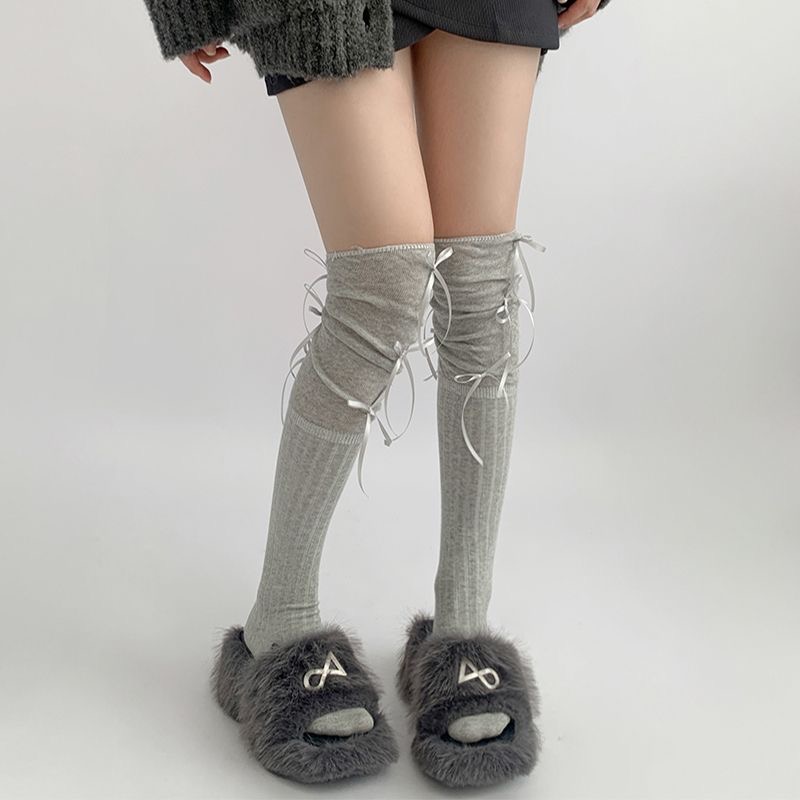 春秋款中长筒袜女保暖拼接蝴蝶结灰色堆堆袜子洛丽塔配靴子过膝袜