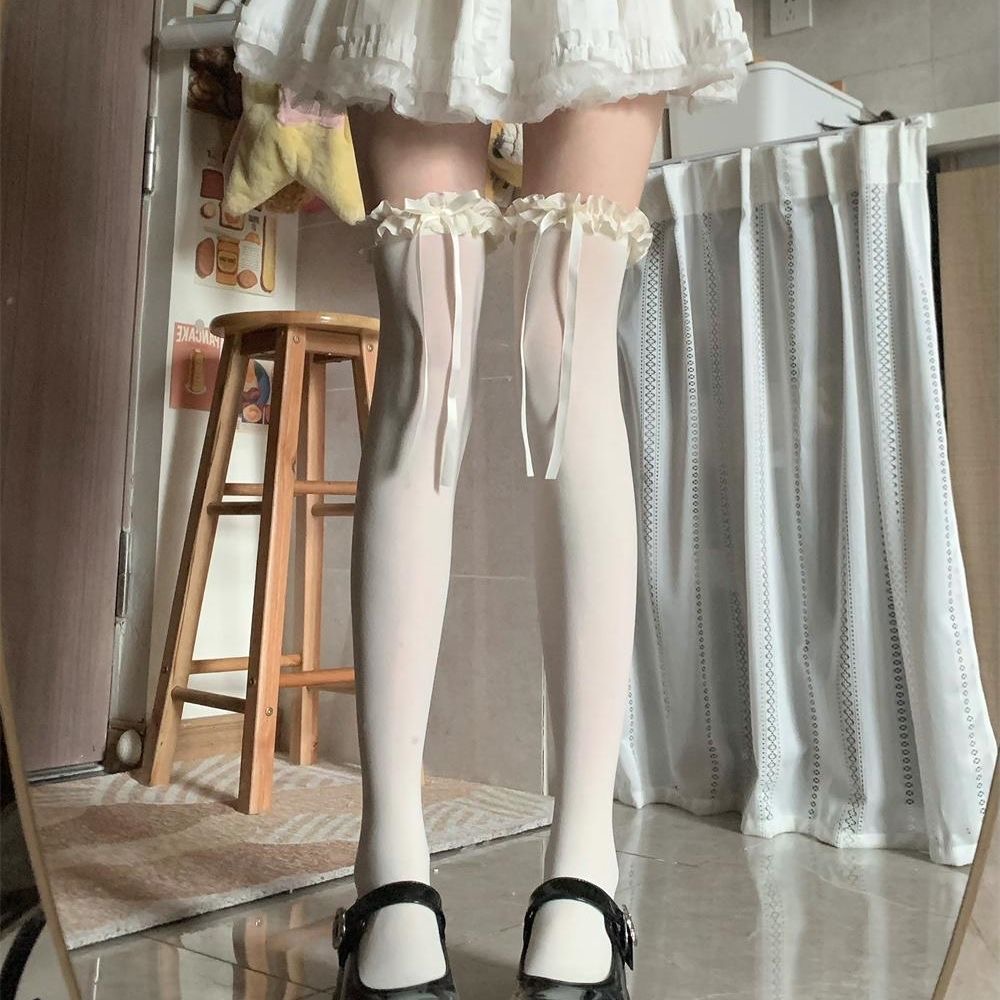 lolita春夏蕾丝花边蝴蝶结高筒过膝可爱袜子显瘦显腿长大腿长筒袜