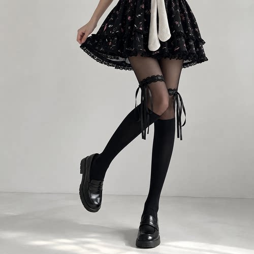 甜美蝴蝶结白丝袜美腿JK漂亮袜子女春季打底裤交叉绑带黑色连裤袜