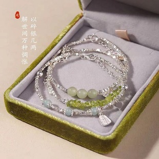 s925纯银天然玉石和田玉碎银子手链女新中式 平安喜乐翡翠手串女