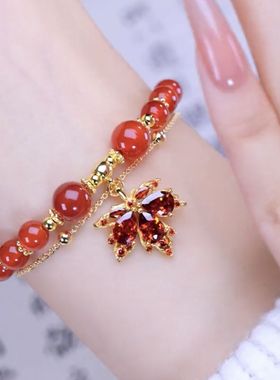 新款红玛瑙枫叶双层手链女新中式小众设计时尚串珠手饰送闺蜜学生
