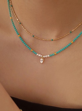 菱美矿绿松石复古项链女百搭高级感小众夏锁骨链串珠新中式跨境饰