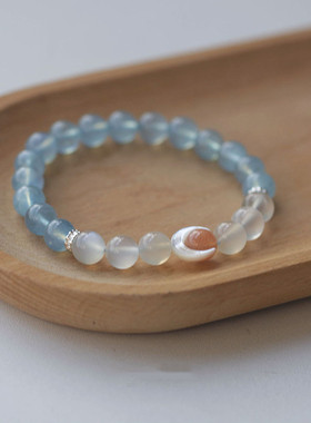 天然海蓝宝8mm搭配橙月光白月光石手串S925银手链女款小清新时尚