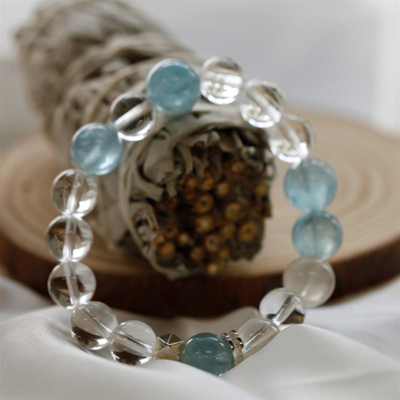 天然白水晶手串海蓝宝顶珠手链批