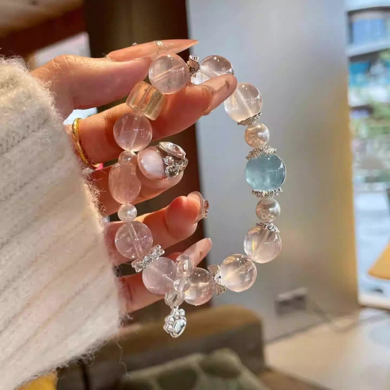 天然粉水晶莫粉幽灵手串贝珠手链
