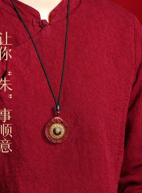 天然原矿朱砂藏式九宫八卦牌吊坠