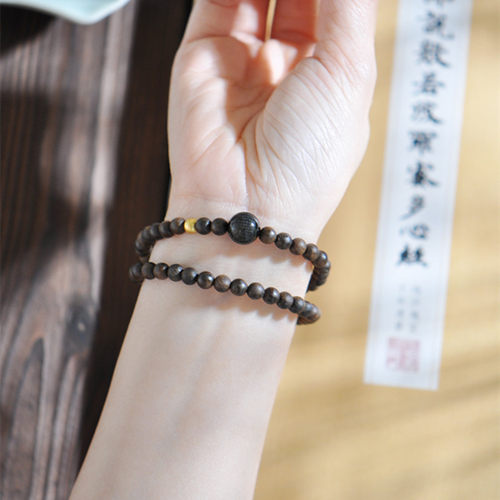 天然文莱沉香5mm双圈手串搭配黑