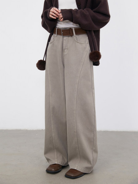 Model wearing wide-leg beige pants with a brown sweater and belt