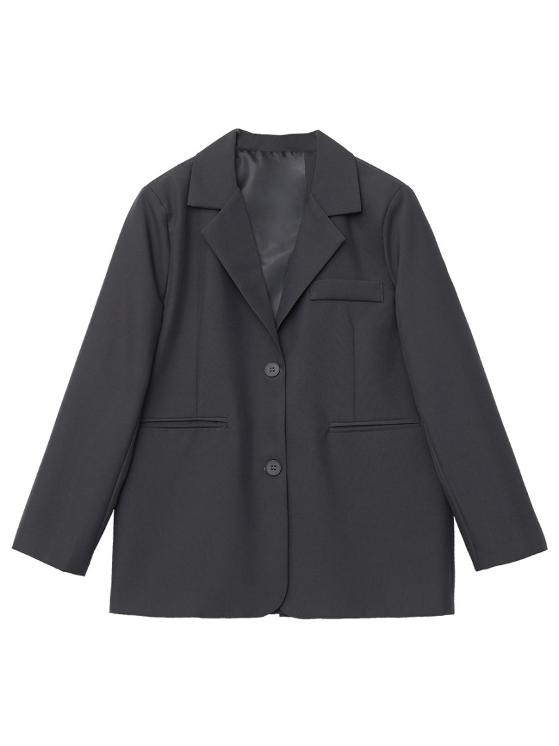 Black tailored blazer jacket laid flat on a white background