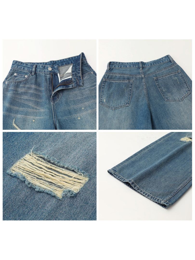 Blue distressed denim jeans shown in multiple close-up views