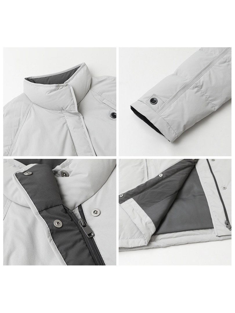Light gray puffer jacket shown in close-up detail views