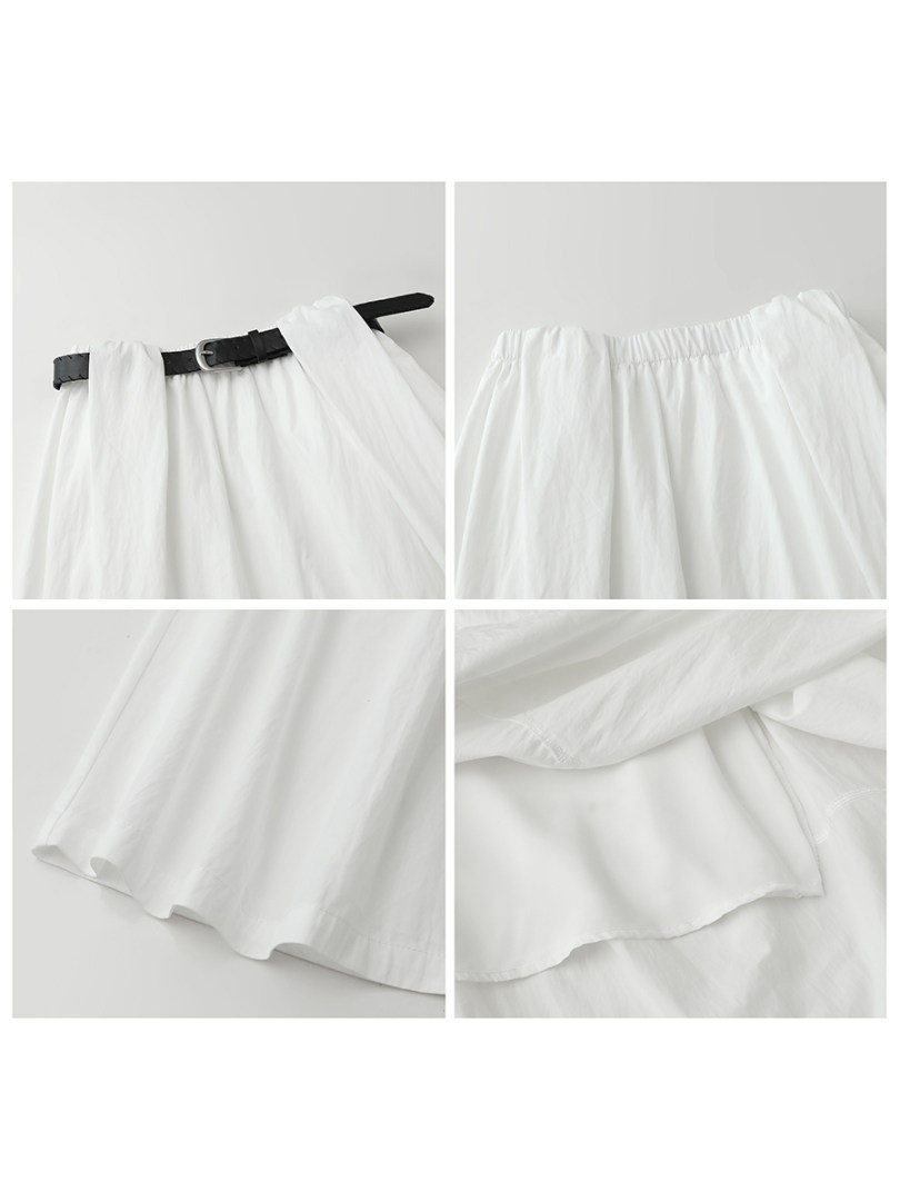 White pleated skirt with black belt, shown in close-up detail views