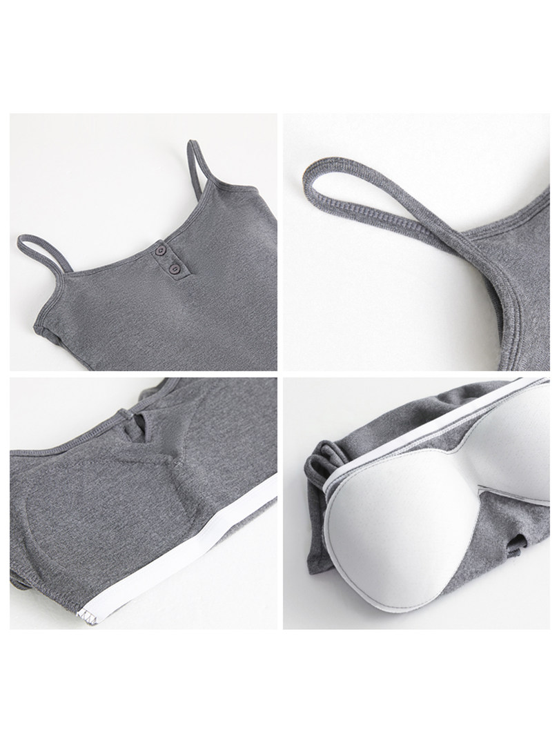 Gray bralette with thin straps and molded cups shown in a multi-angle product collage