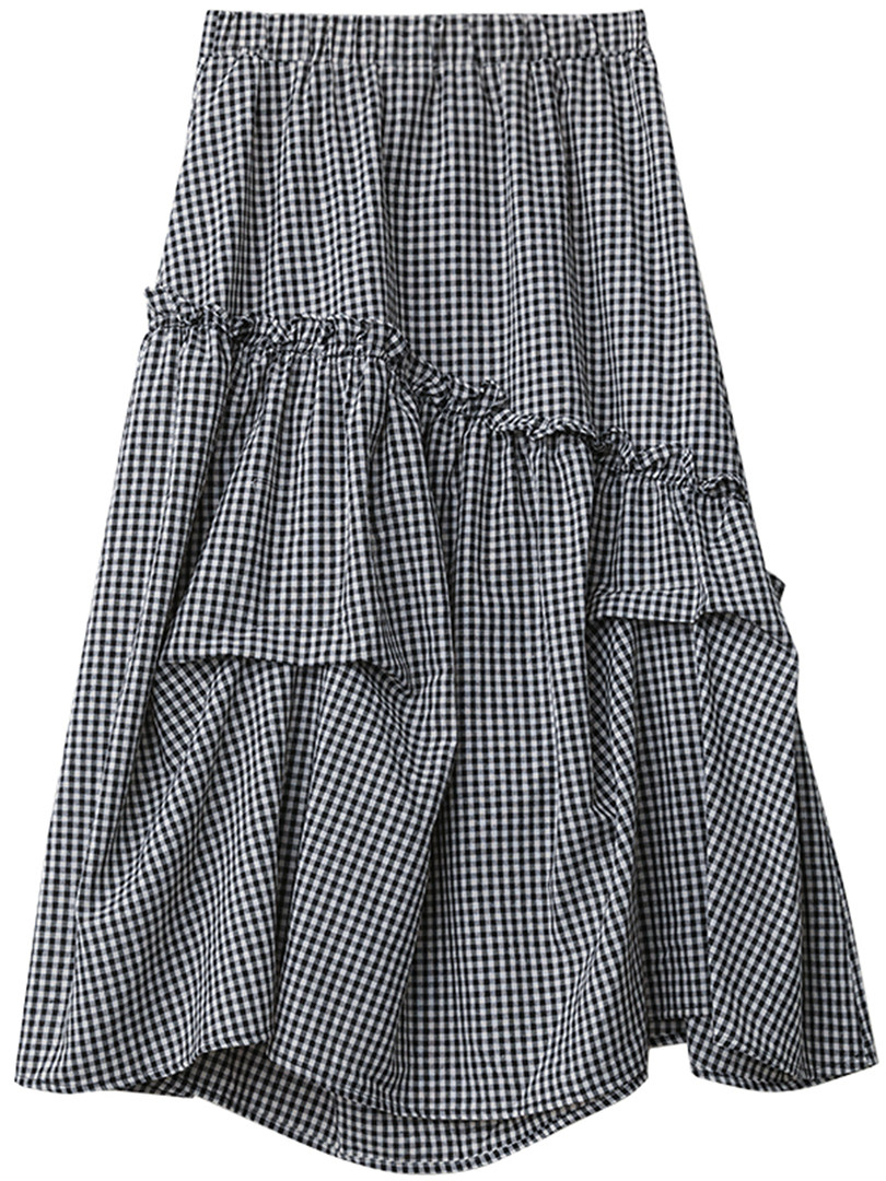 Black and white gingham ruffled skirt on a white background