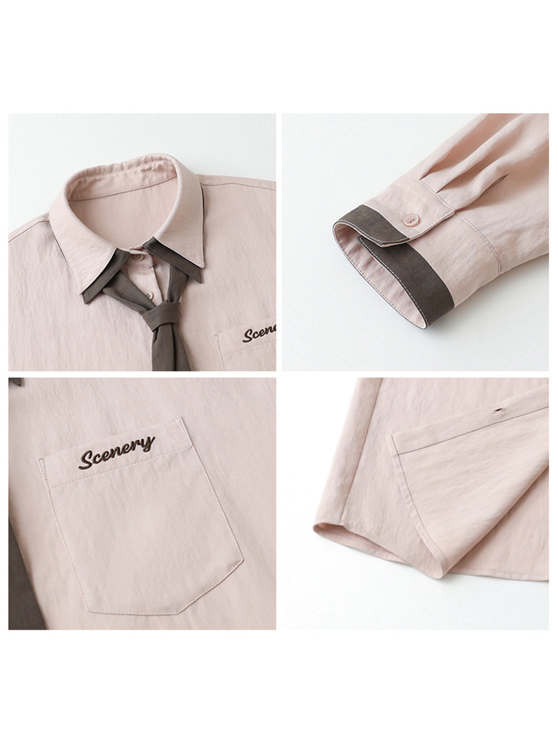Beige long-sleeve button-up shirt with contrasting collar and cuff details