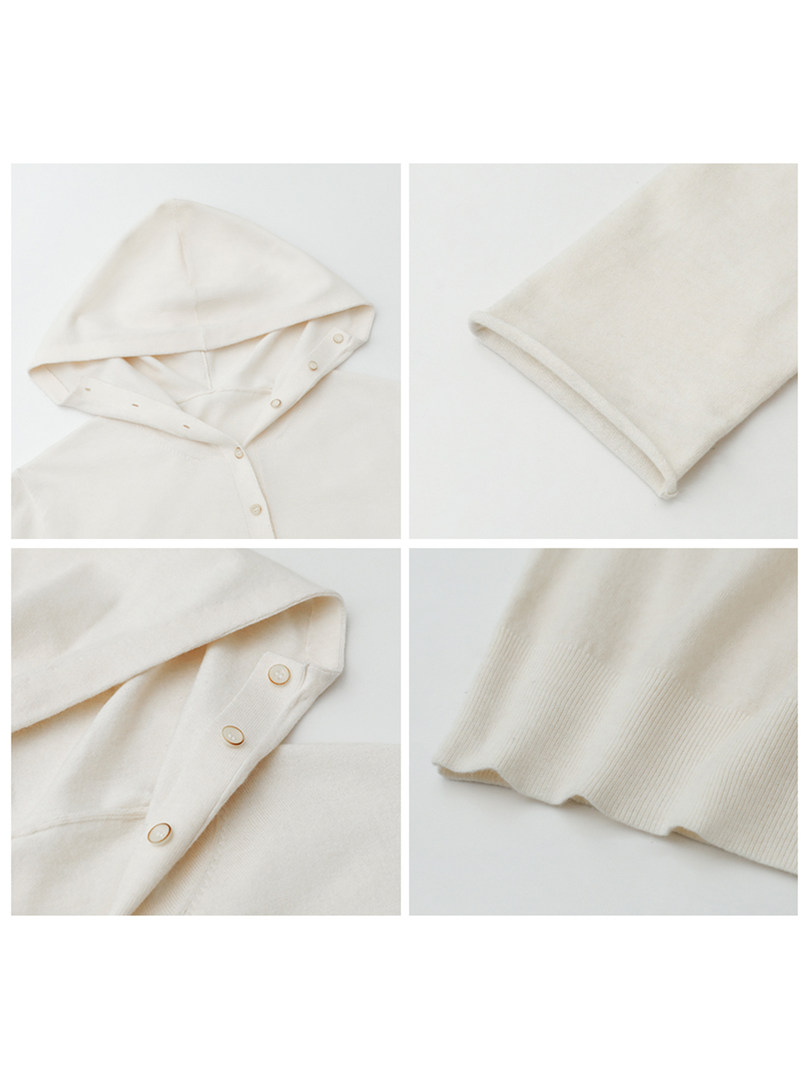 Cream hooded button-up knit sweatshirt shown in close-up flat lay views