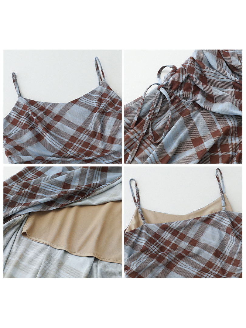 Plaid spaghetti-strap camisole top laid flat in multiple views