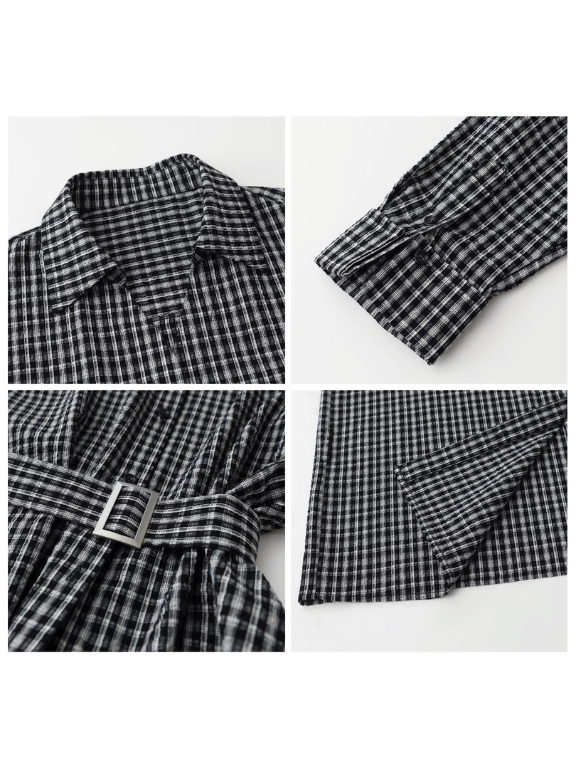 Black and white plaid button-up long-sleeve shirt laid flat