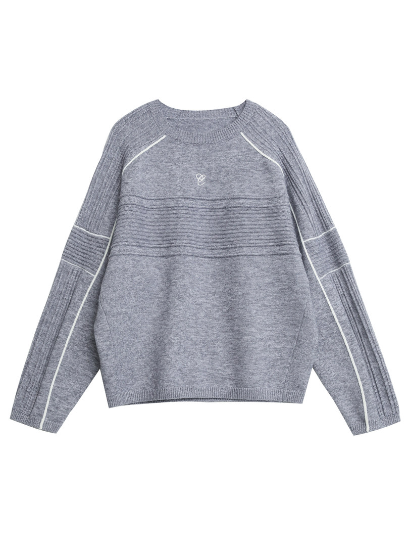 Gray knit sweater laid flat on a white background