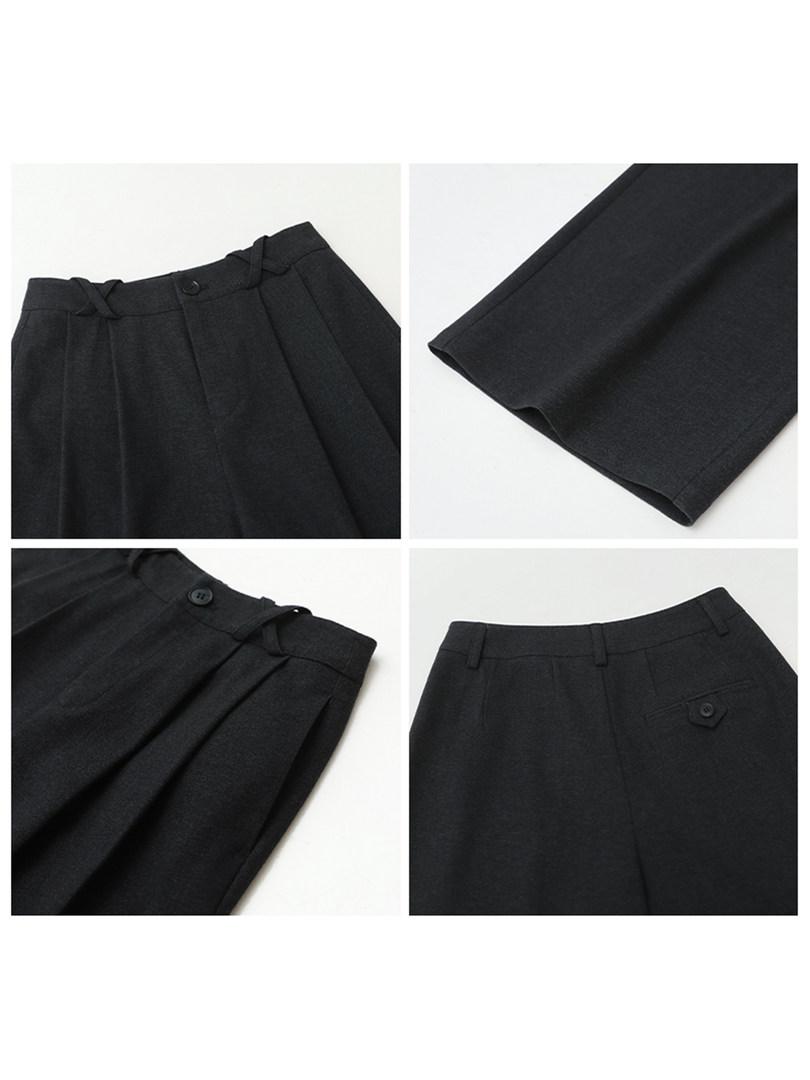 Black tailored pants shown flat in multiple close-up views
