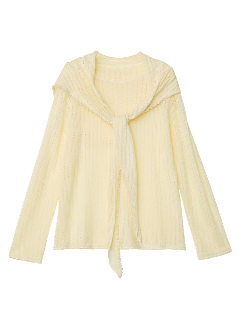 Cream lightweight knit cardigan with long sleeves on a white background