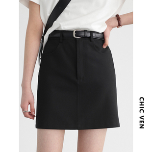 新款 CHICVEN「校园街头」简约减龄爱心贴袋黑色半身裙小个子夏季