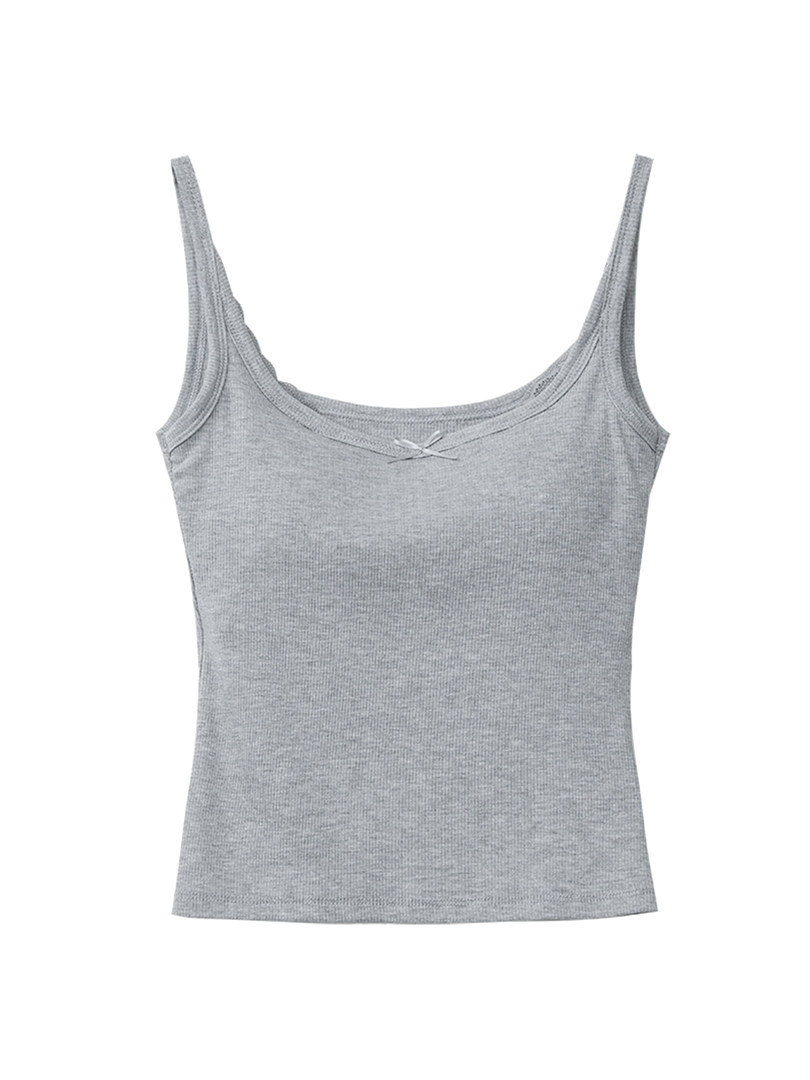 Gray ribbed spaghetti strap tank top on a white background