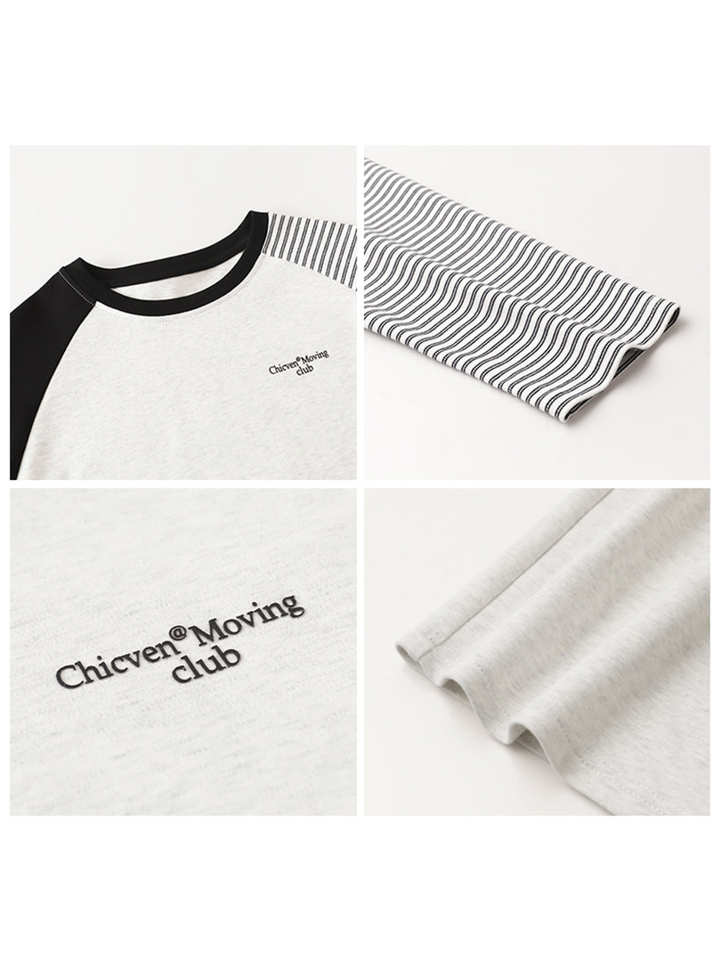 White and black striped long-sleeve raglan shirt with logo detail shown in multiple product views