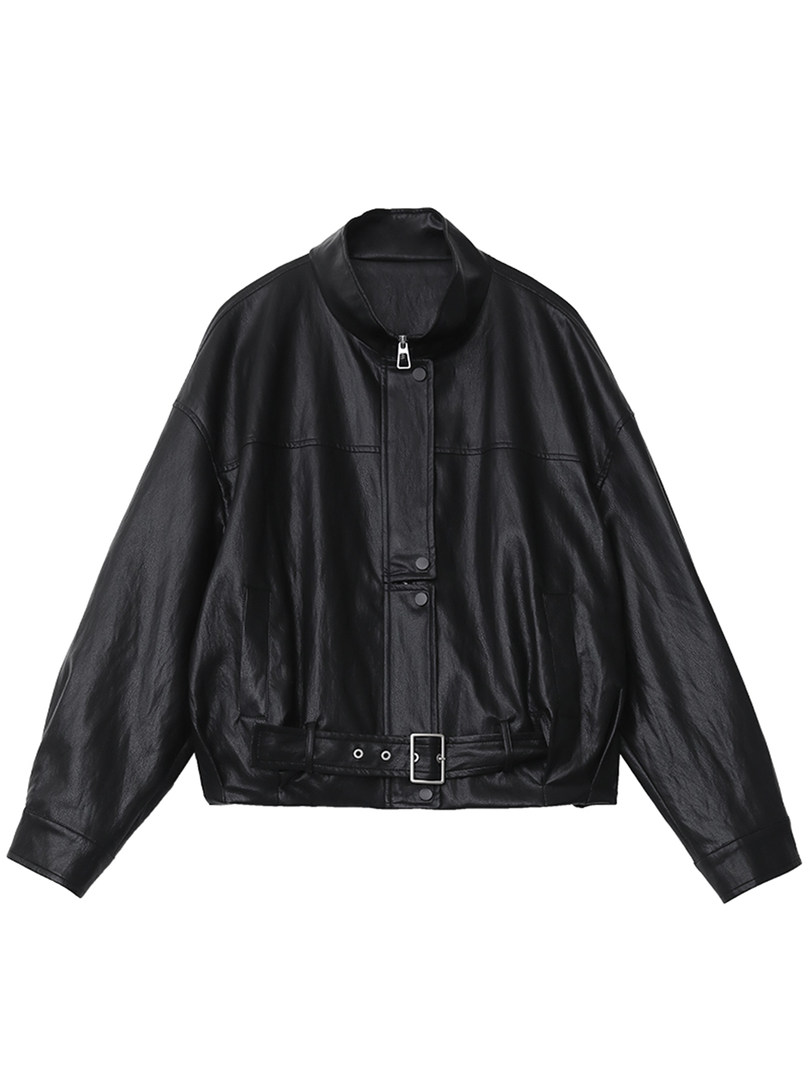 Black leather zip-up jacket with belt detail on a white background