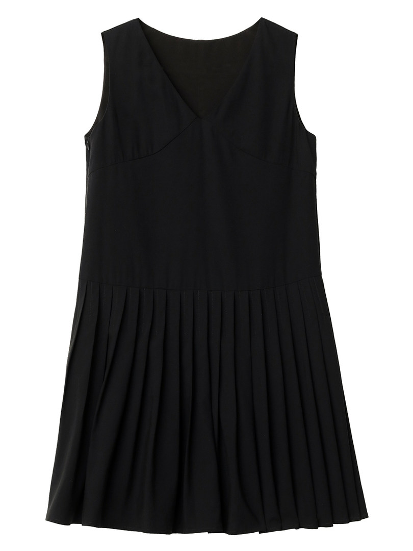 Black sleeveless pleated dress on a white background
