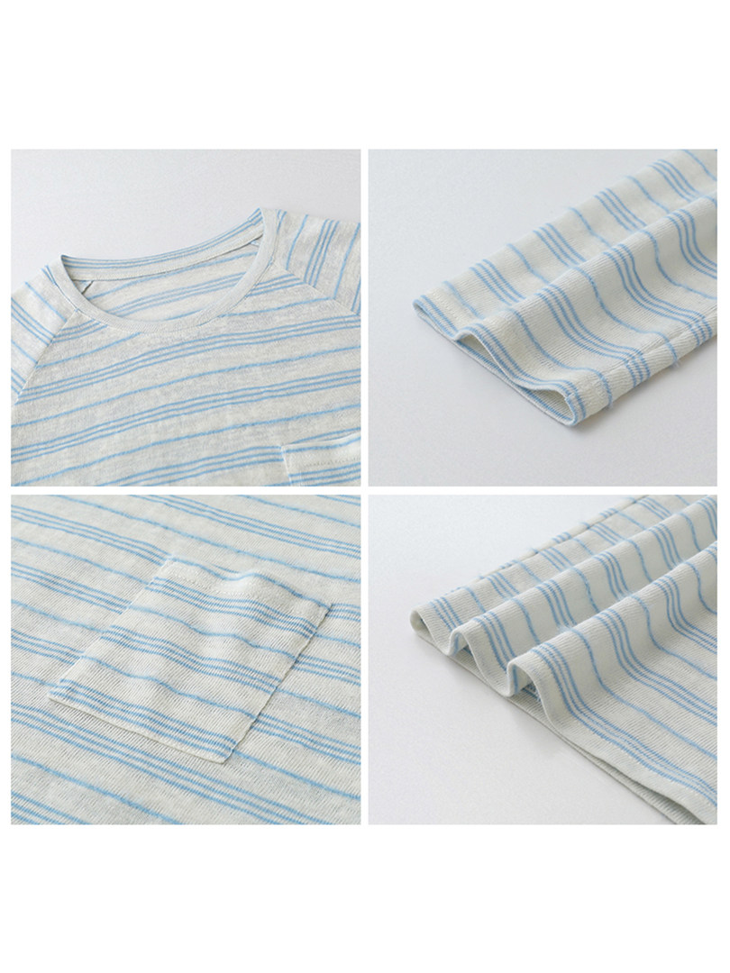Light gray striped long-sleeve shirt shown in flat lay detail views