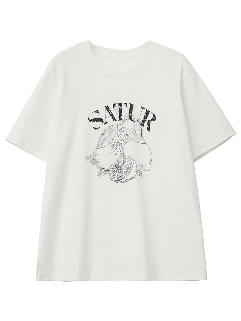 White graphic short-sleeve t-shirt with a fruit print and text logo