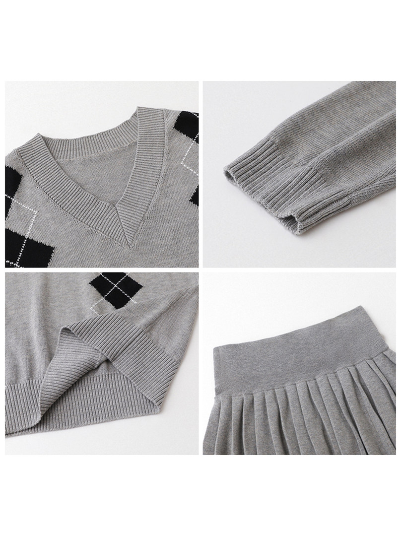 Gray knit sweater and pleated skirt set shown in detail views