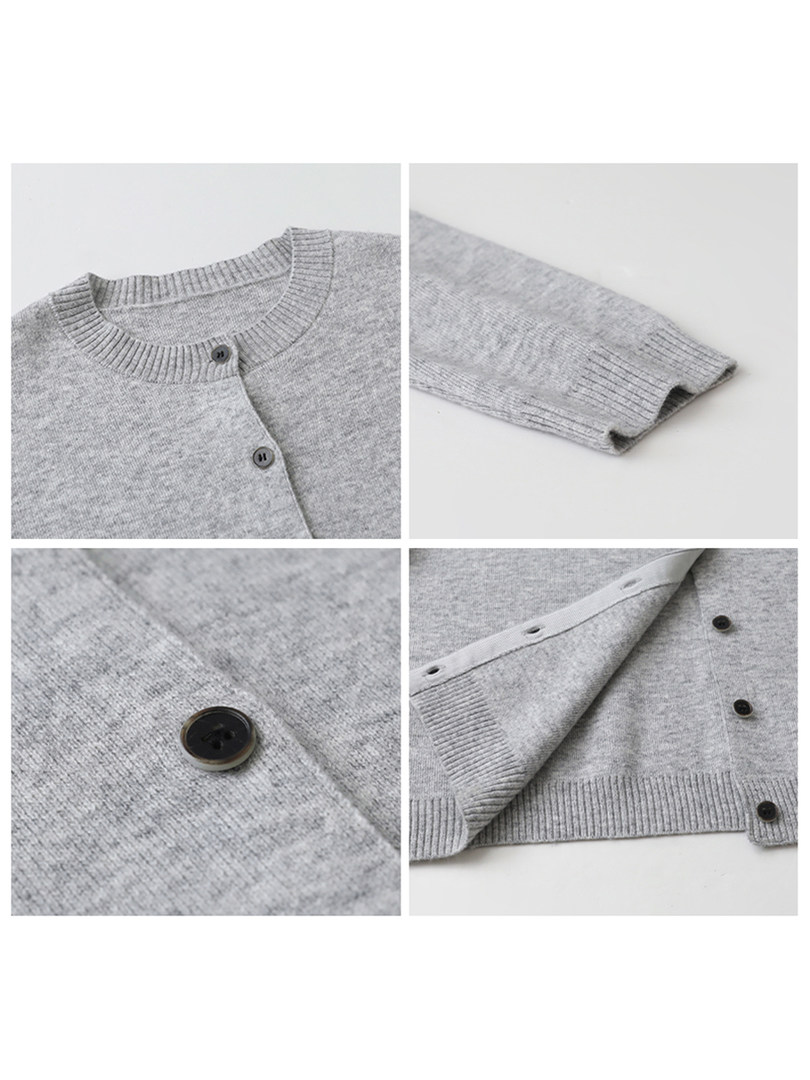 Gray knit button-front cardigan sweater shown in close-up detail shots