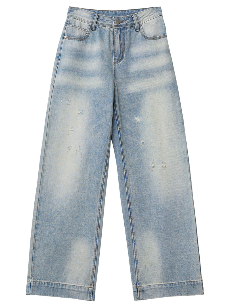 Light wash distressed wide-leg jeans on a white background