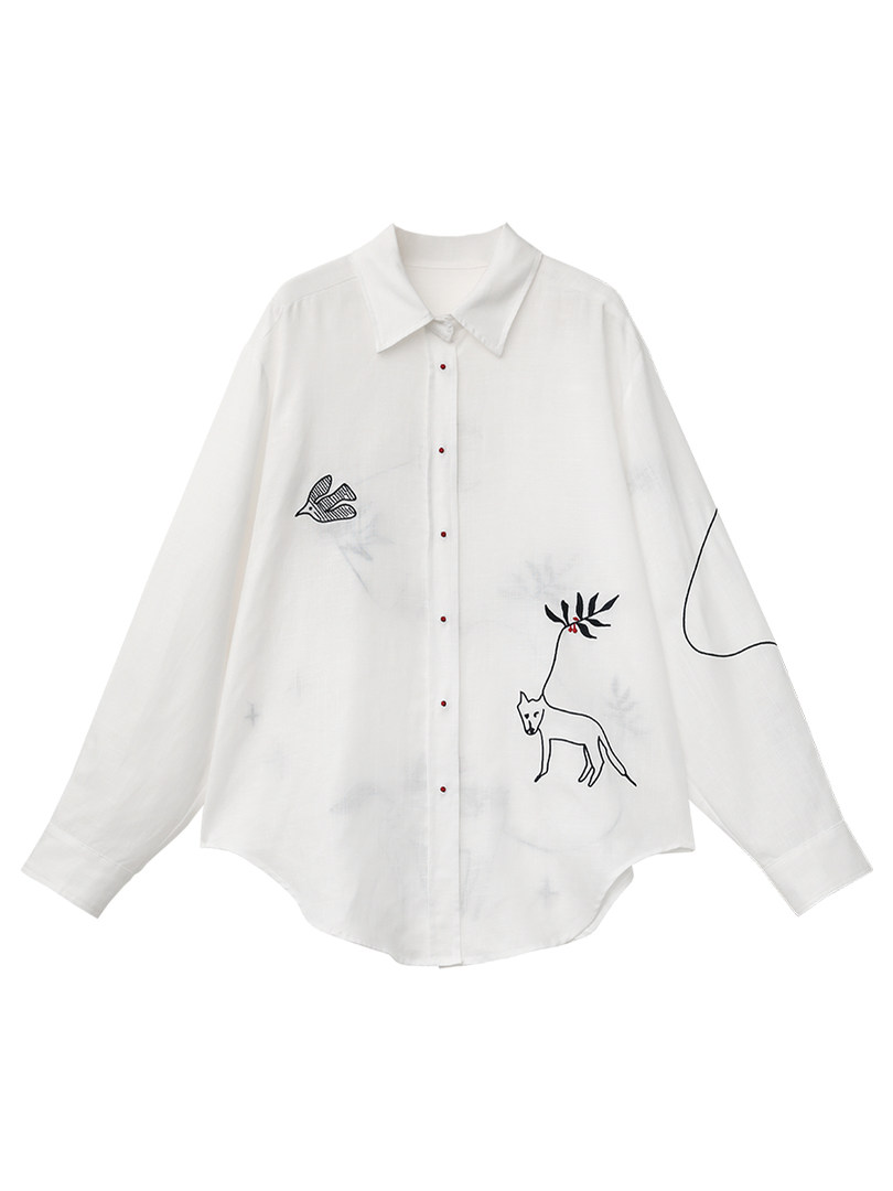 White long-sleeve button-up shirt with embroidered line-art graphics