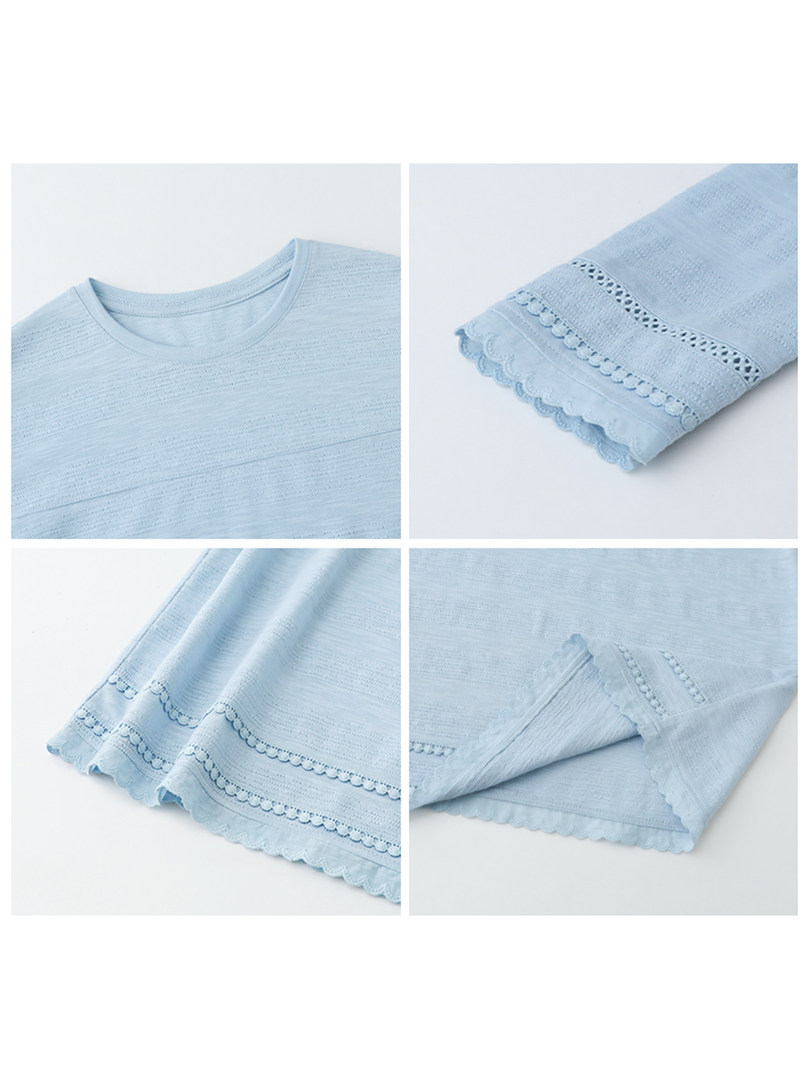 Light blue feminine garment with delicate scalloped lace details shown in close-up panels