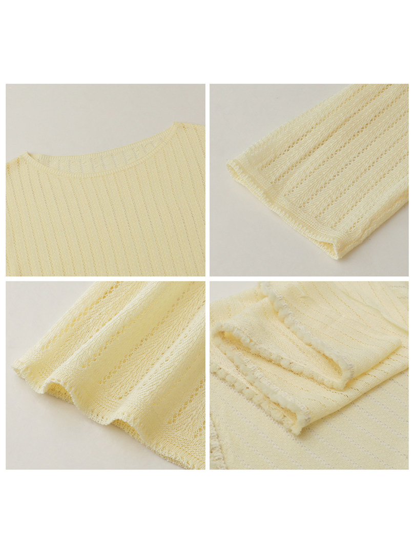 Pale yellow lightweight knitted garment shown in close-up collage