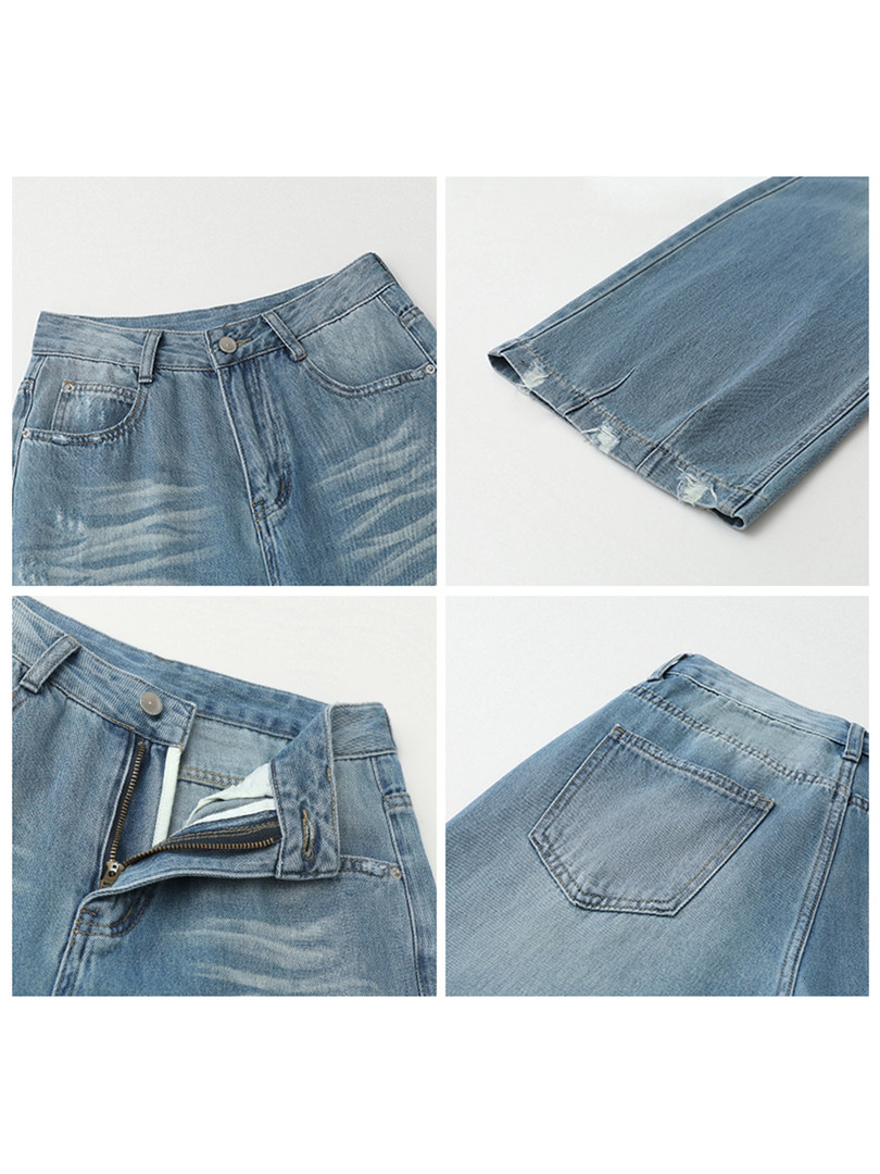 Light blue distressed denim jeans shown in multiple detail views