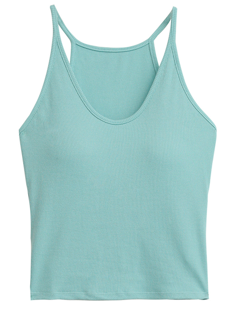 Mint ribbed spaghetti-strap tank top on a white background