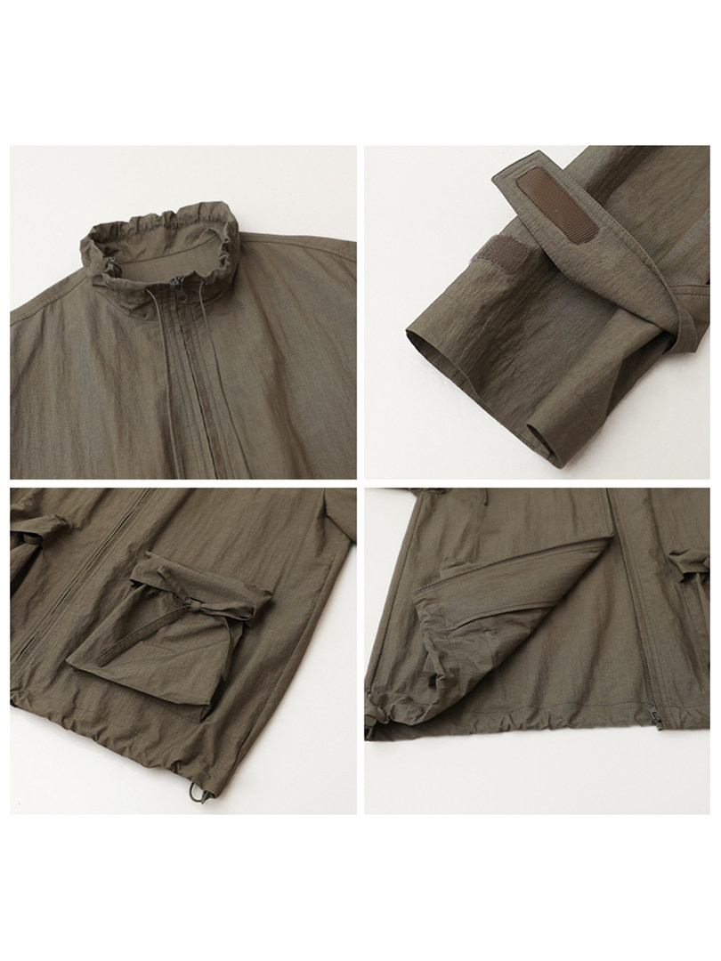 Brown lightweight zip-up jacket with pockets shown in flat lay close-ups