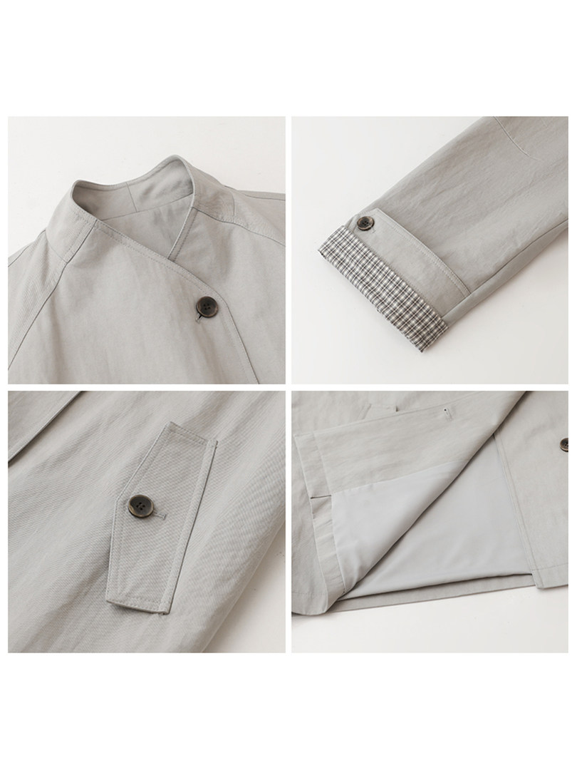 Light gray buttoned jacket with close-up detail views