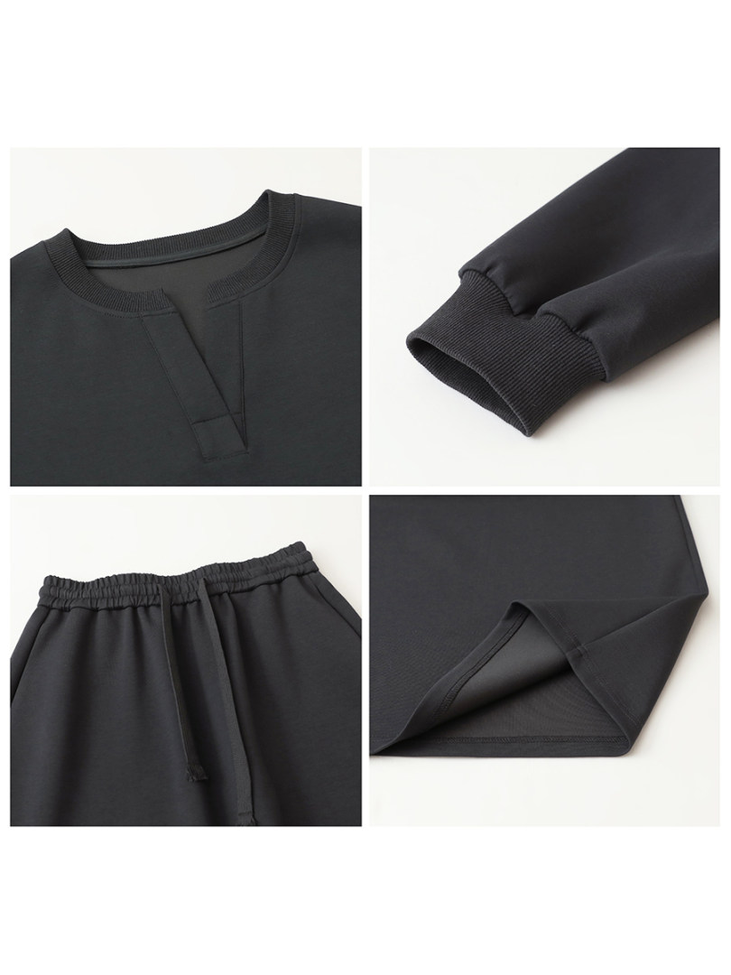 Black casual clothing set shown in flat-lay detail views