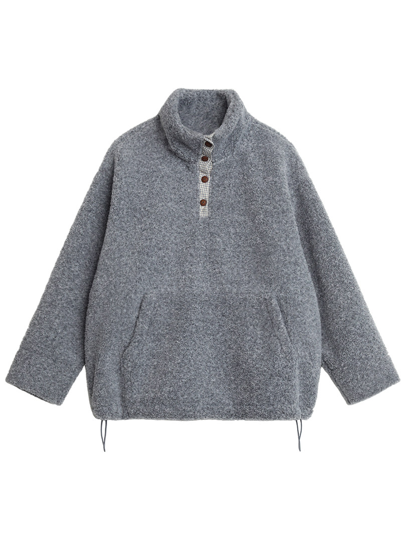 Gray fleece pullover sweatshirt laid flat on a white background
